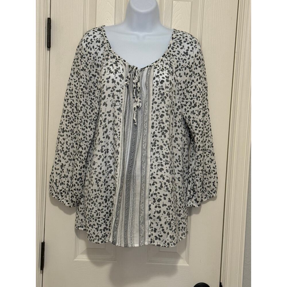 Como Vintage Boho Peasant Top XL – Gray Floral Stripe Tie Neck Blouse